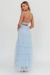 Nerida Twist Back Frill Trim Mesh Maxi Dress Steel Blue