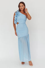 Deanna One-Shoulder Sheer Hem Maxi Dress Blue