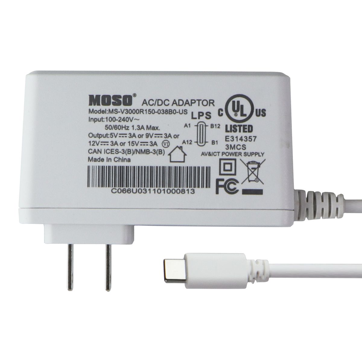 MOSO MSV3000R150-038BO-US USB-C (5V/3A) AC/DC Adaptor - White