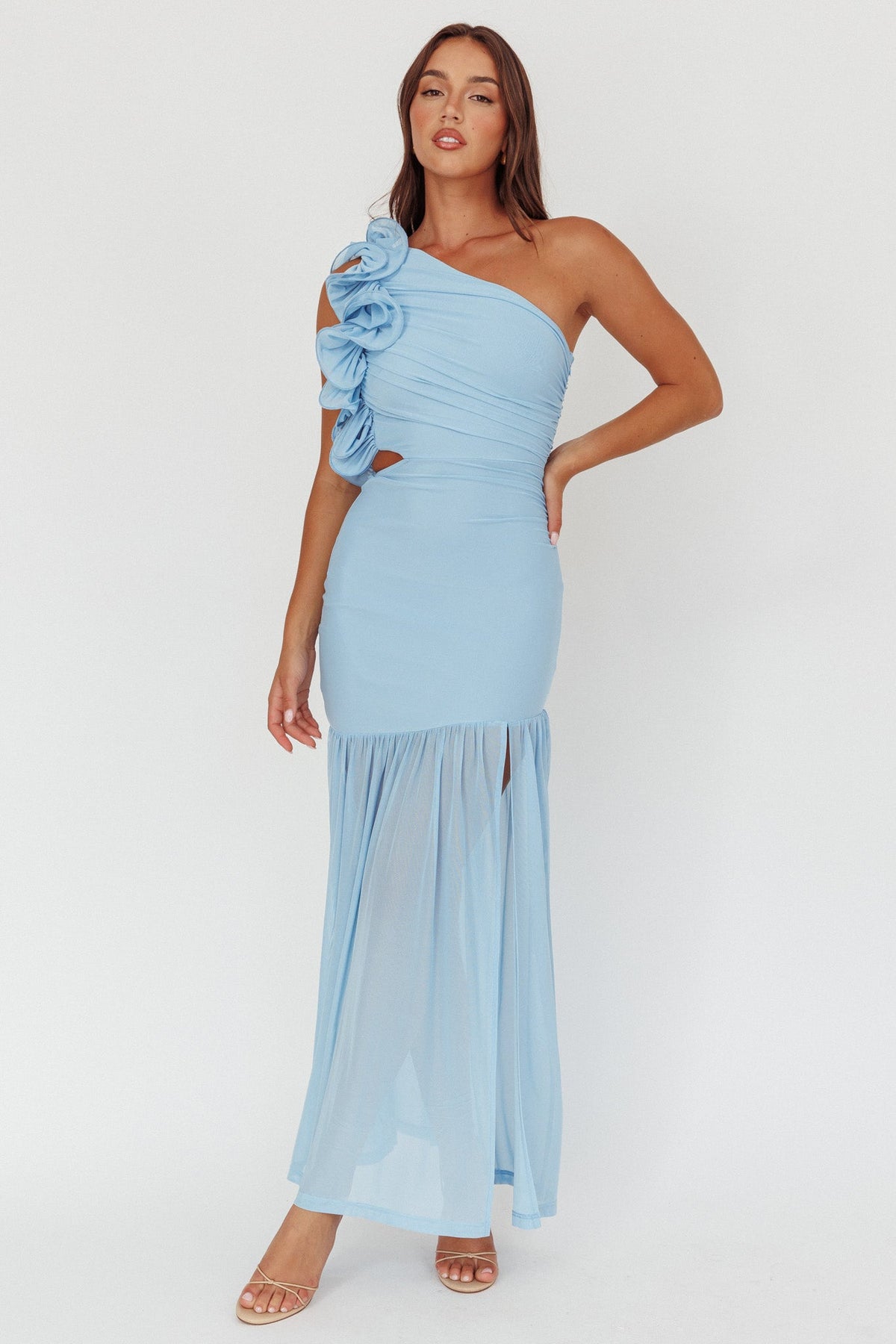 Deanna One-Shoulder Sheer Hem Maxi Dress Blue