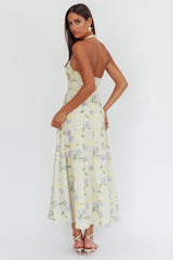Auriana Asymmetric Neckline Halter maxi Dress Floral Lemon
