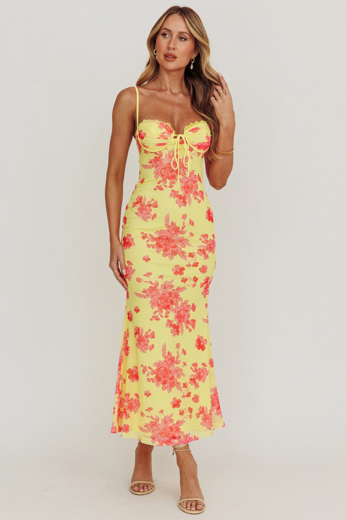Fortune Mesh Floral Midi Dress Pink/Yellow